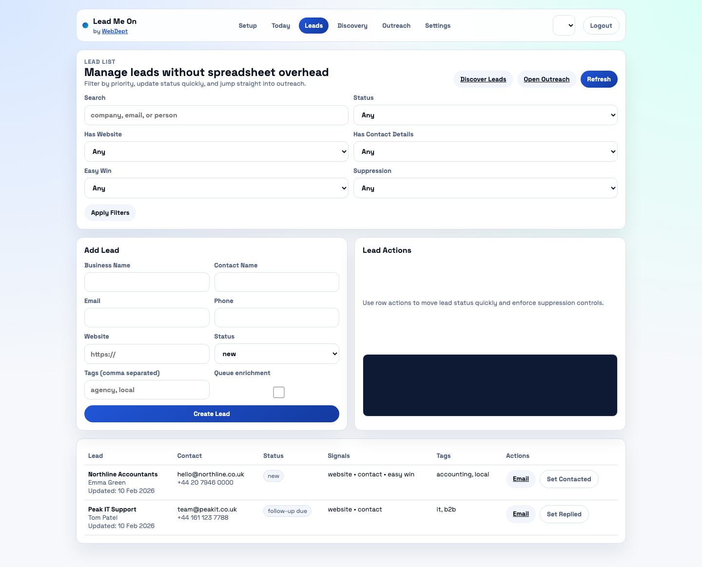 Lead Me On lead list screenshot