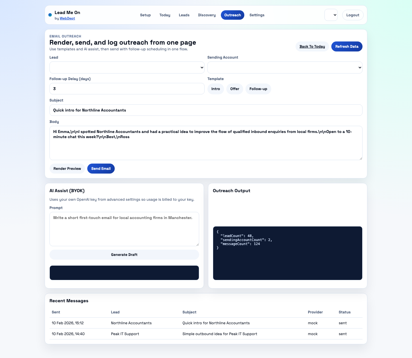 Lead Me On outreach composer screenshot
